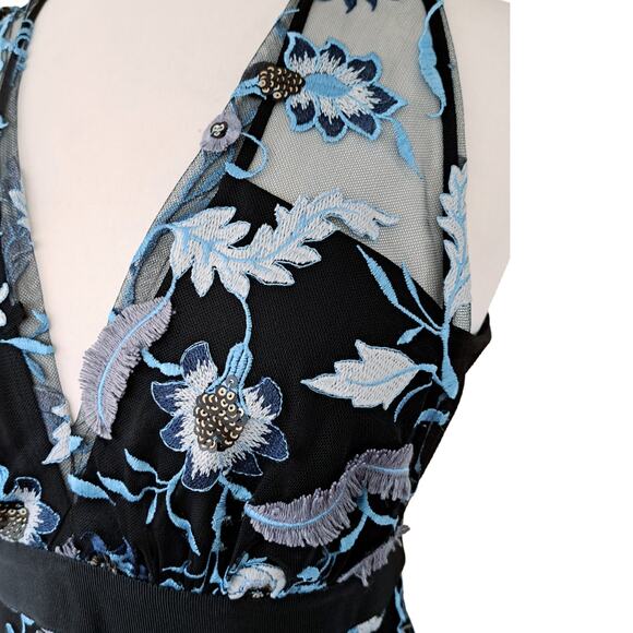 Sandro Floral Embroidered Midi Dress Black Cocktail Party Plunge V-neck Beaded - Picture 11 of 16